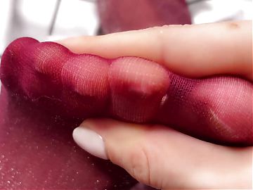 Glossy red pantyhose feet teaser